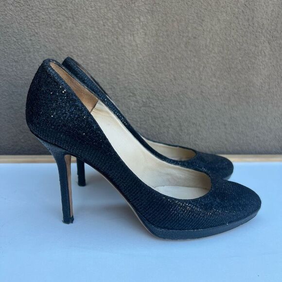 Jimmy Choo Pumps Heels EU 35.5 Black Round Toe Glitter Made in Italy Leather - Picture 1 of 10